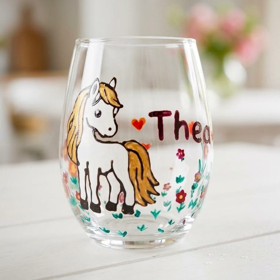 Selbst gestaltetes Glas mit Pony-Motiv im Aperitivo creativo Workshop Handbemaltes Trinkglas mit einem kleinen Pony-Design aus dem Kreativ-Workshop Aperitivo creativo