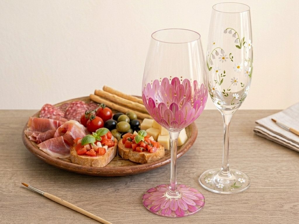 Zwei Hände stoßen mit Wein und Prosecco an, auf dem Tisch italienische Antipasti und Malpinsel.