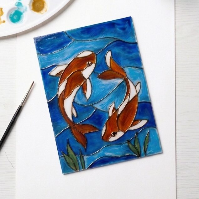 Glasbildrahmen mit Koi-Fisch Motiv im Aperitivo creativo Workshop Handbemalter Glasbilderrahmen mit zwei Koi-Fischen aus dem Kreativ-Workshop Aperitivo creativo
