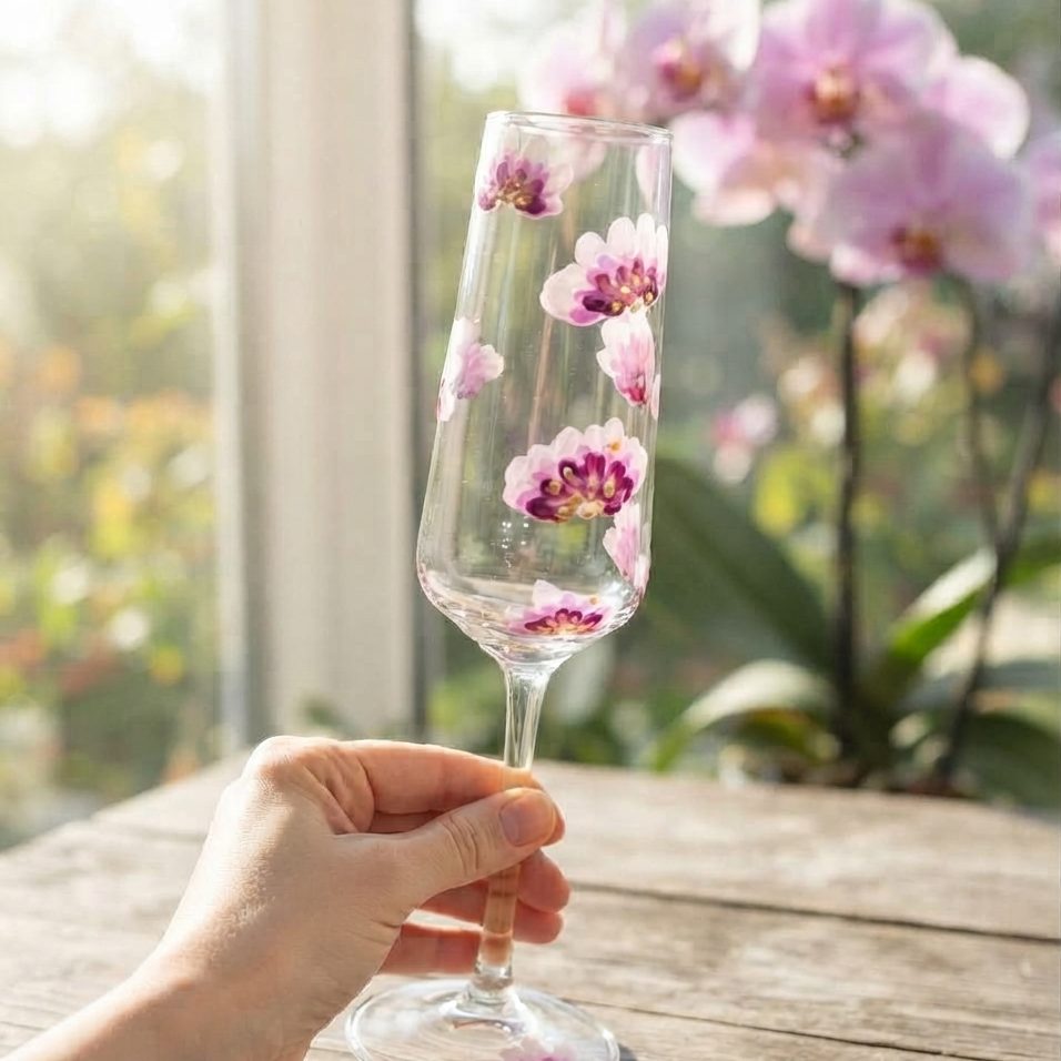 Handbemaltes Sektglas mit Orchideen-Design Hand hält ein handbemaltes Sektglas mit rosa Orchideen.