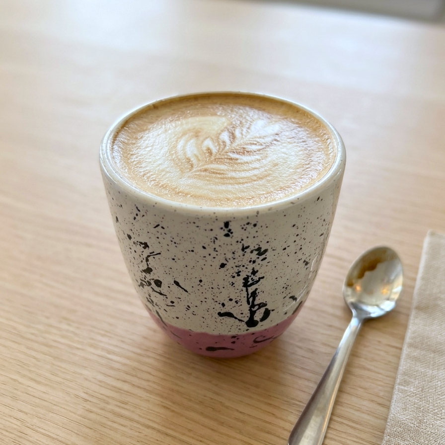 Keramik-Tasse mit Bubble-Technik bemalt, gefüllt mit Cappuccino.