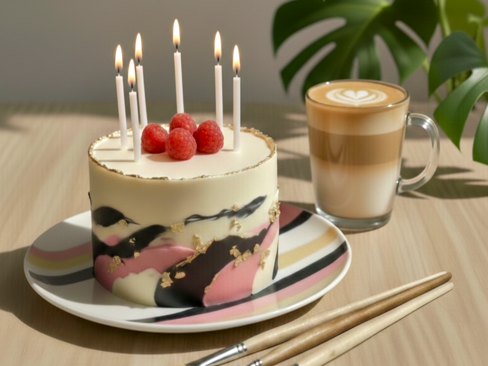 Geburtstagstorte mit Kerzen, daneben ein Cappuccino und Malpinsel.