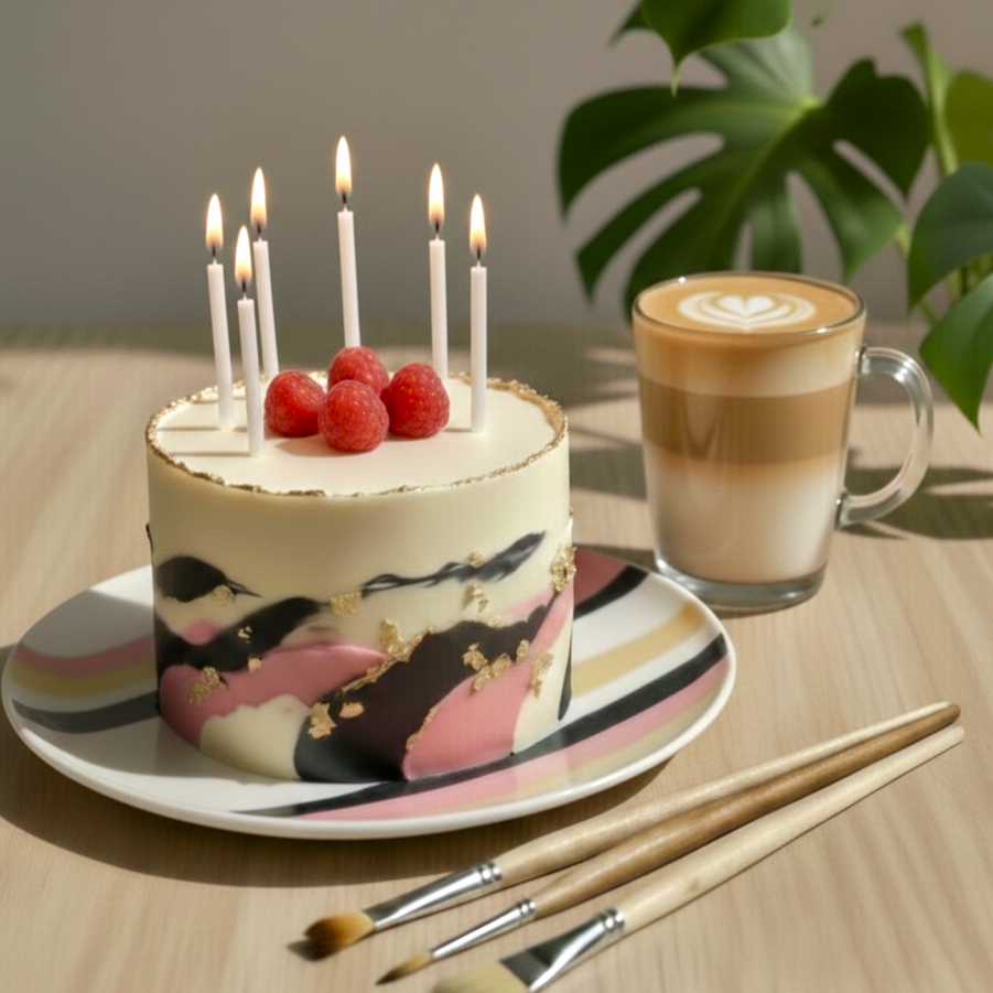 Geburtstagstorte mit Kerzen, daneben ein Cappuccino und Malpinsel.